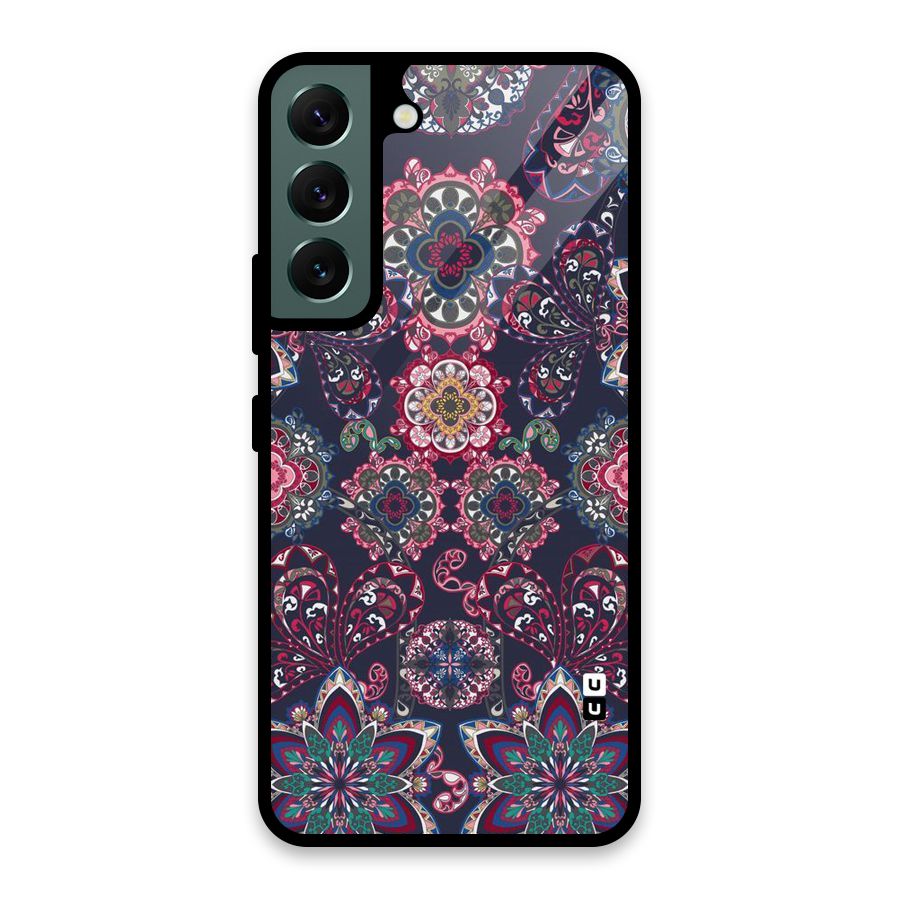Navy Blue Bloom Pattern Glass Back Case for Galaxy S22 5G