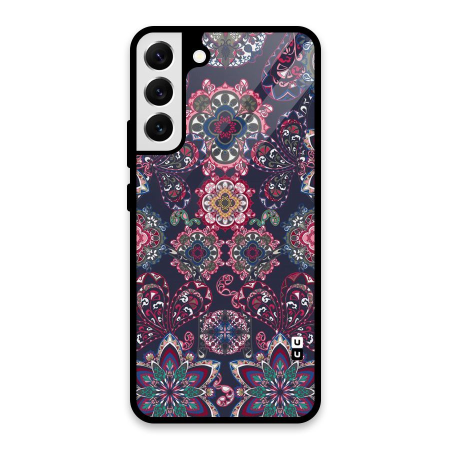 Navy Blue Bloom Pattern Glass Back Case for Galaxy S22 Plus 5G