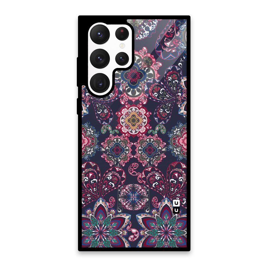 Navy Blue Bloom Pattern Glass Back Case for Galaxy S22 Ultra 5G