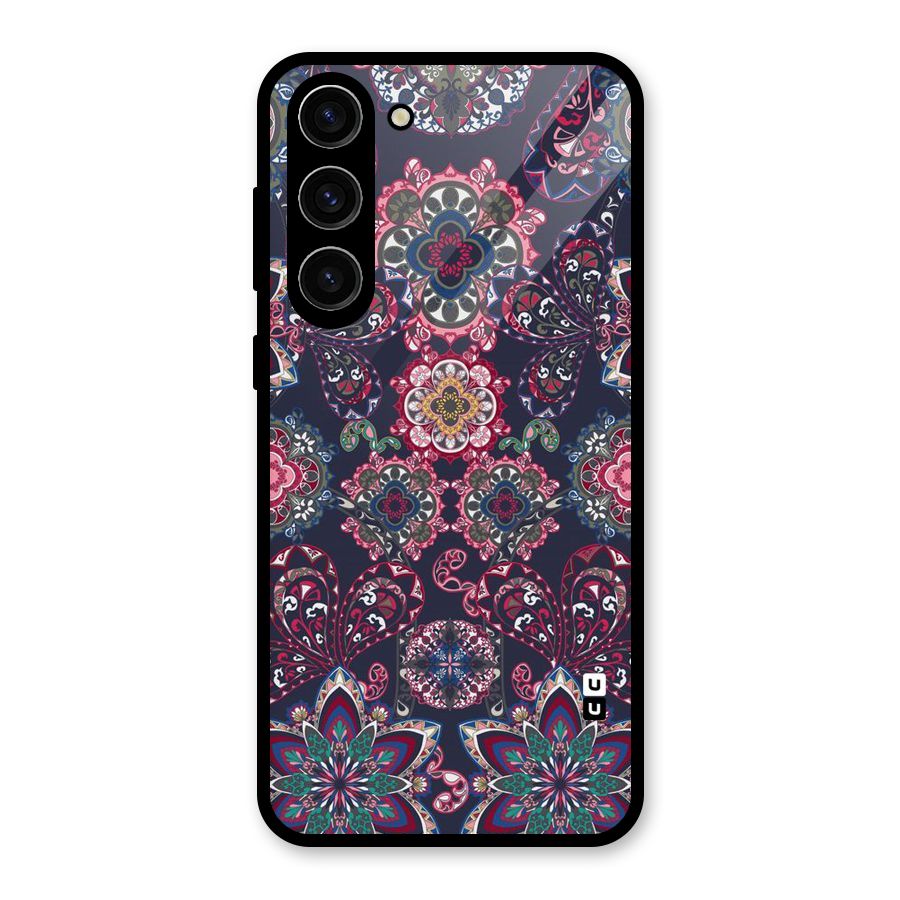 Navy Blue Bloom Pattern Glass Back Case for Galaxy S23 Plus