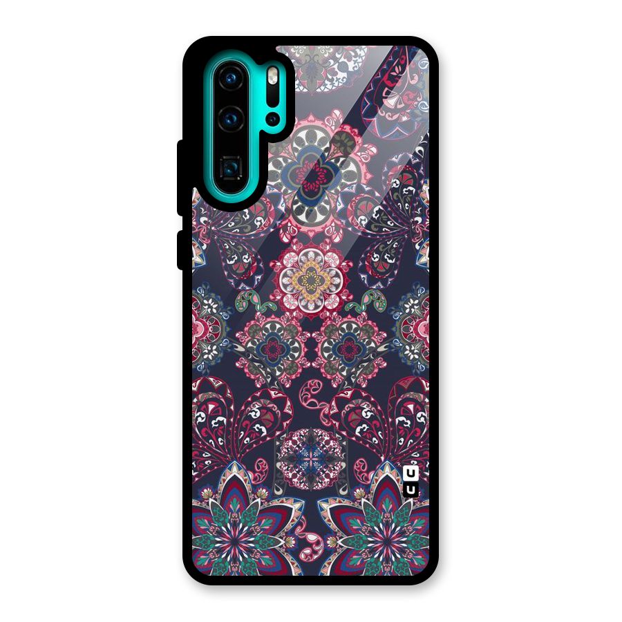 Navy Blue Bloom Pattern Glass Back Case for Huawei P30 Pro