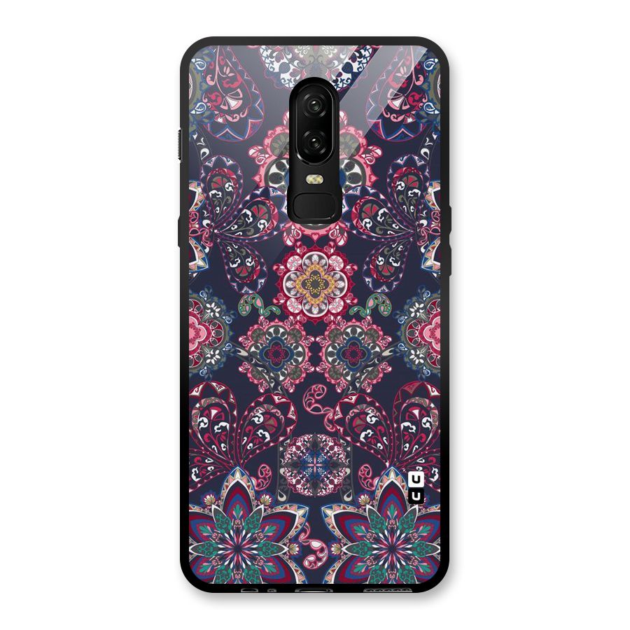 Navy Blue Bloom Pattern Glass Back Case for OnePlus 6