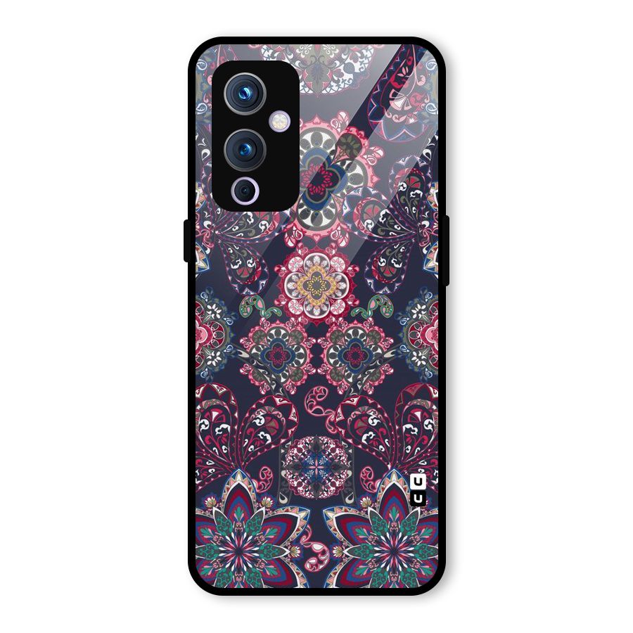 Navy Blue Bloom Pattern Glass Back Case for OnePlus 9