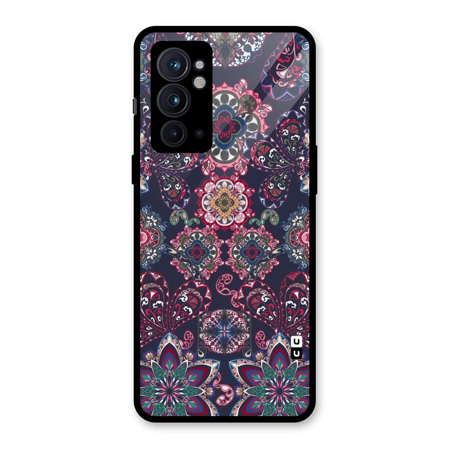 Navy Blue Bloom Pattern Glass Back Case for OnePlus 9RT 5G