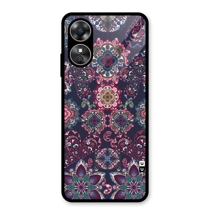 Navy Blue Bloom Pattern Glass Back Case for Oppo A17