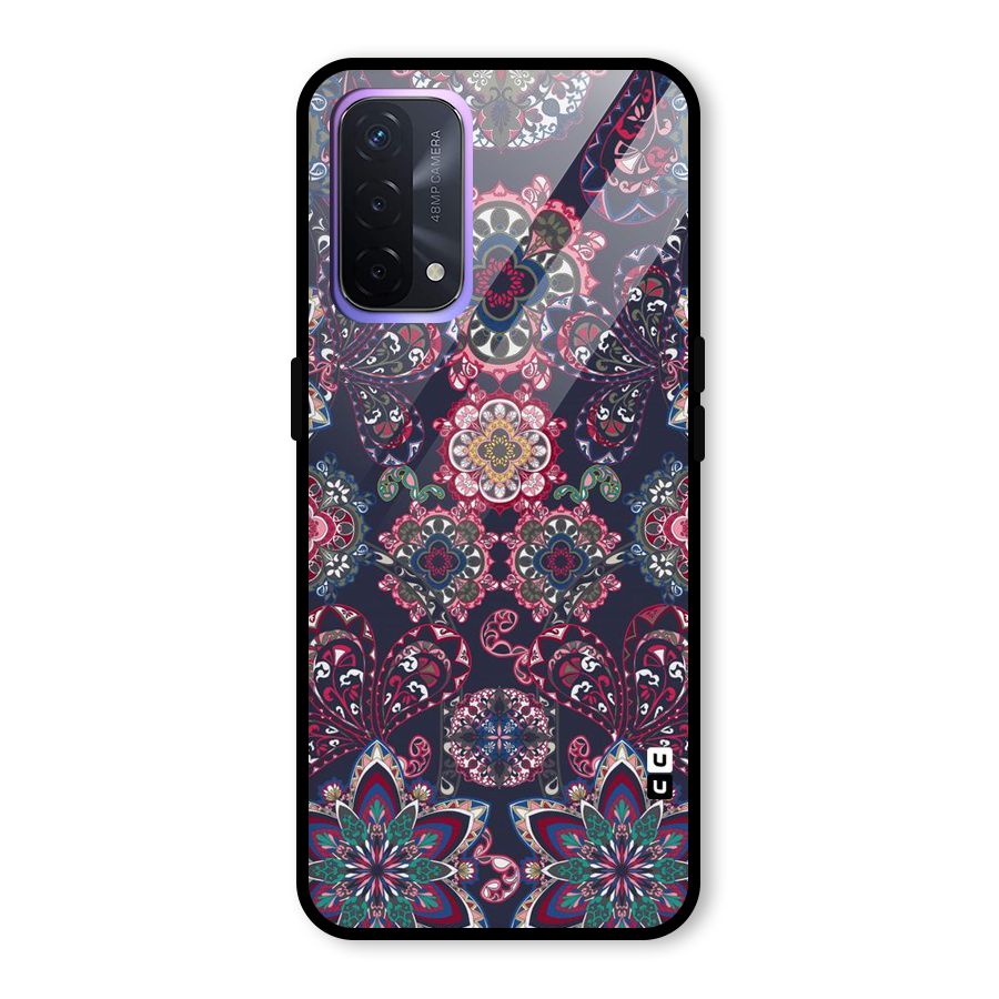 Navy Blue Bloom Pattern Glass Back Case for Oppo A74 5G
