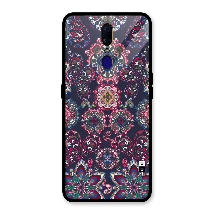 Navy Blue Bloom Pattern Glass Back Case for Oppo F11