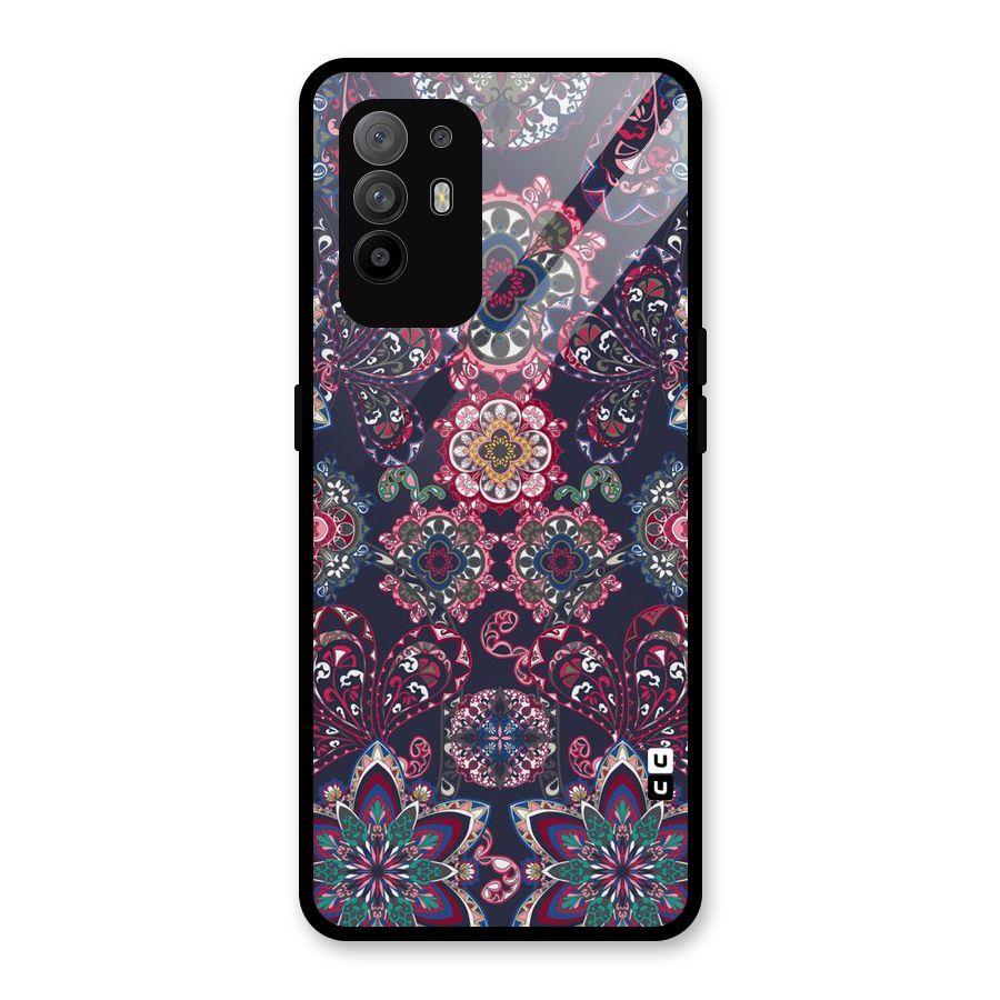 Navy Blue Bloom Pattern Glass Back Case for Oppo F19 Pro Plus 5G