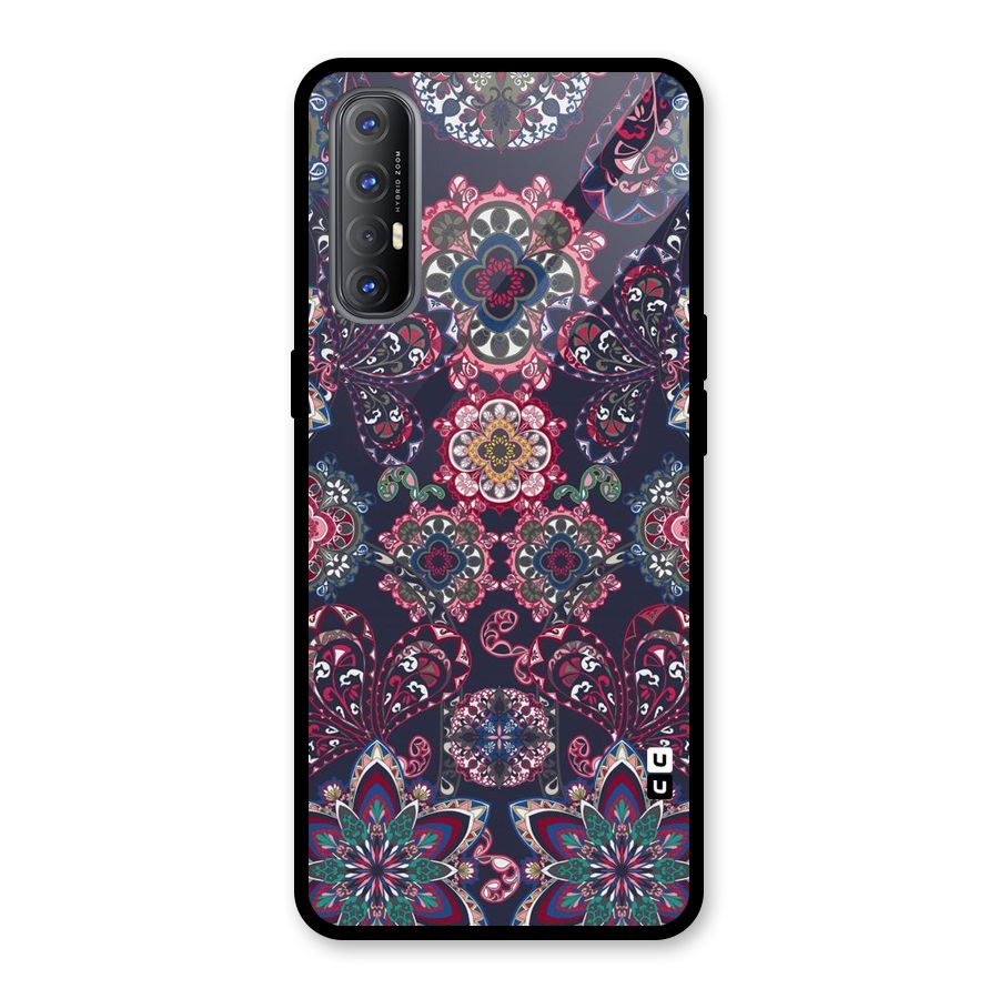 Navy Blue Bloom Pattern Glass Back Case for Oppo Reno3 Pro