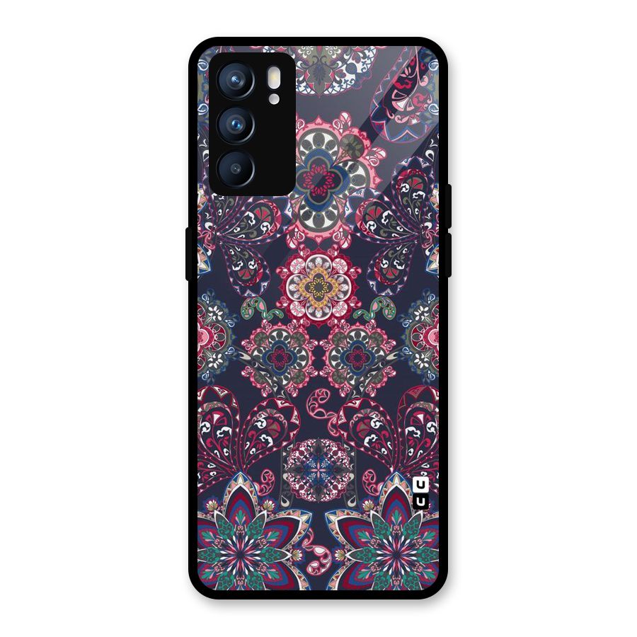 Navy Blue Bloom Pattern Glass Back Case for Oppo Reno6 5G