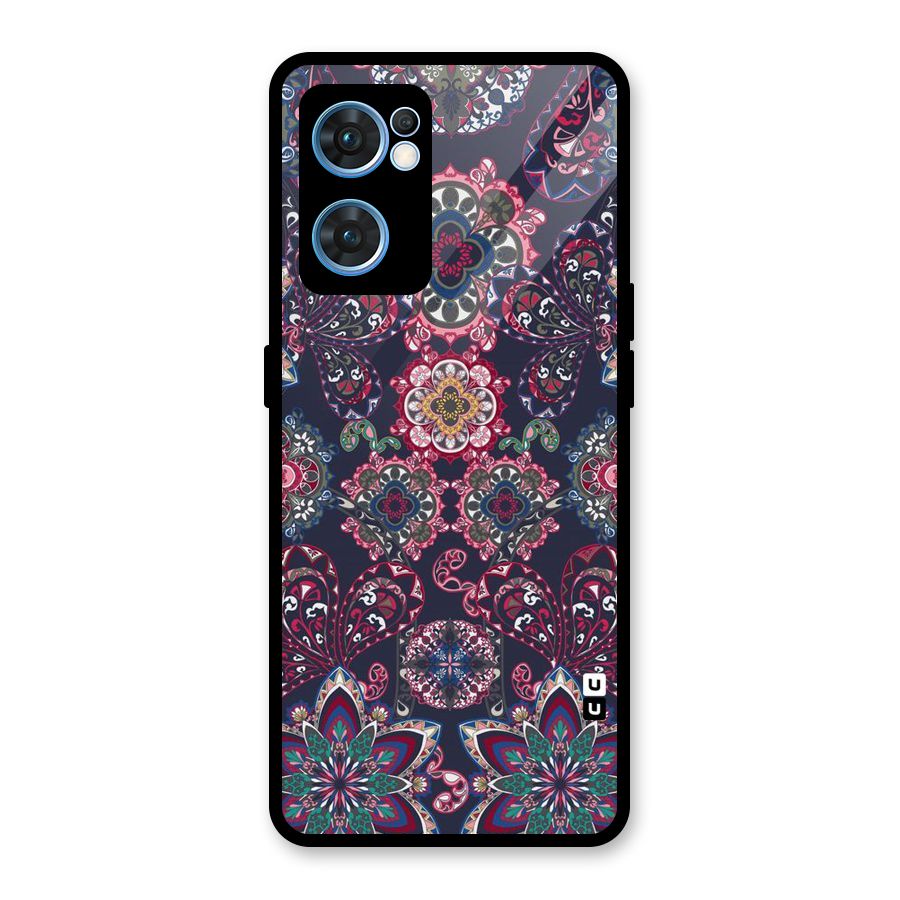 Navy Blue Bloom Pattern Glass Back Case for Oppo Reno7 5G