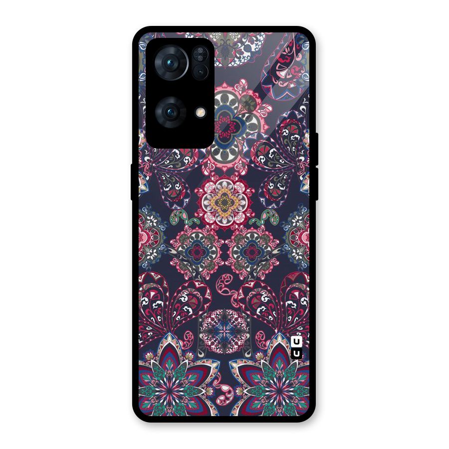 Navy Blue Bloom Pattern Glass Back Case for Oppo Reno7 Pro 5G