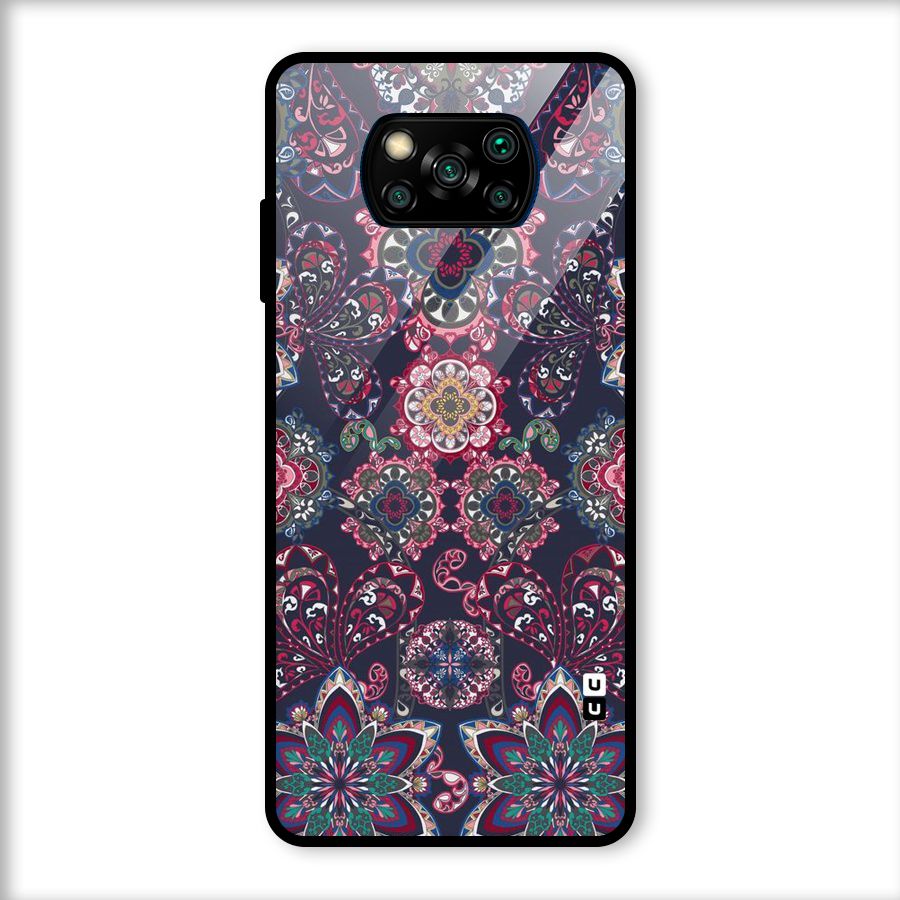 Navy Blue Bloom Pattern Glass Back Case for Poco X3