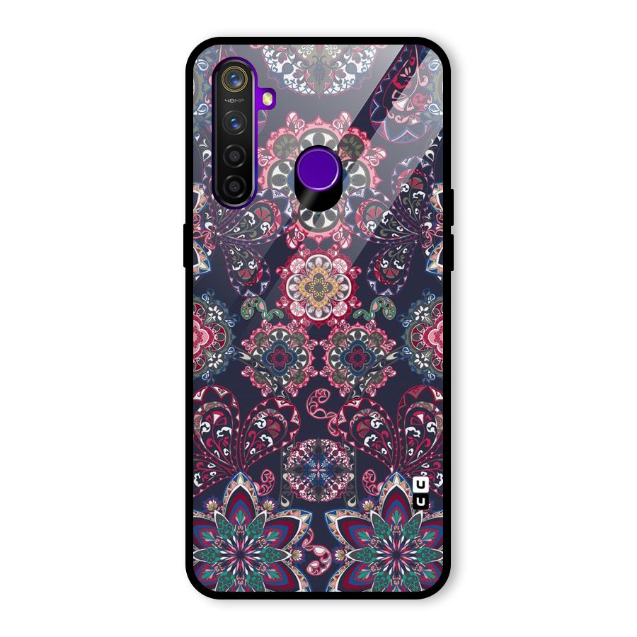 Navy Blue Bloom Pattern Glass Back Case for Realme 5 Pro