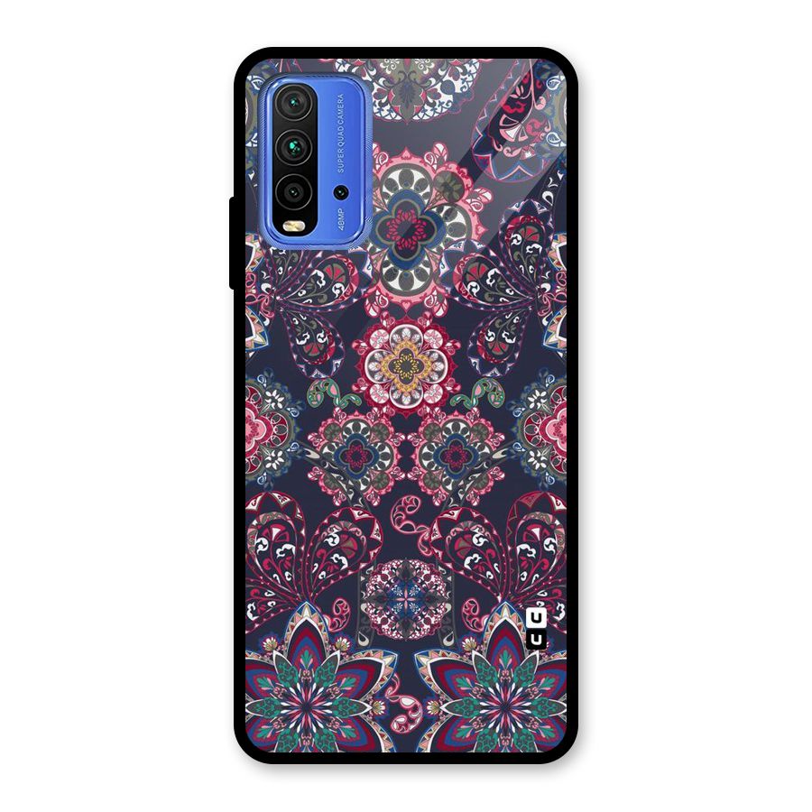 Navy Blue Bloom Pattern Glass Back Case for Redmi 9 Power