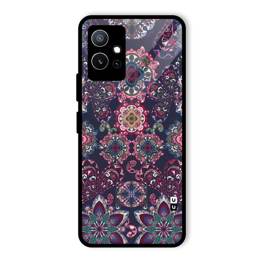Navy Blue Bloom Pattern Glass Back Case for Vivo T1 5G