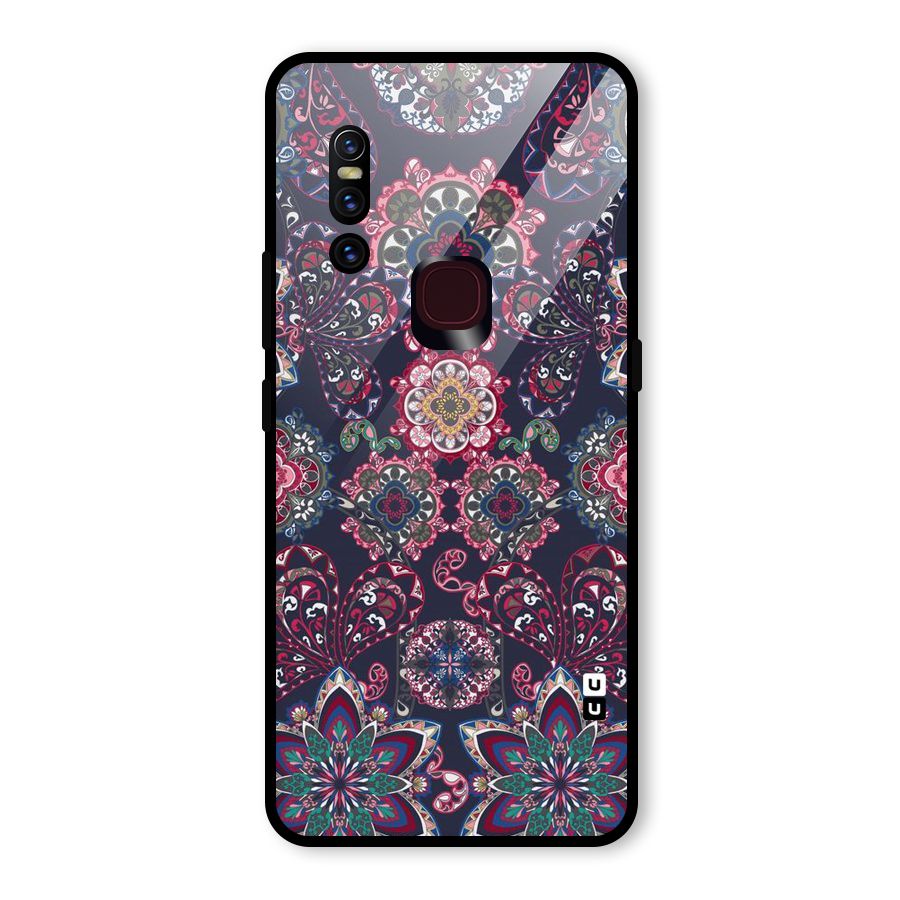 Navy Blue Bloom Pattern Glass Back Case for Vivo V15