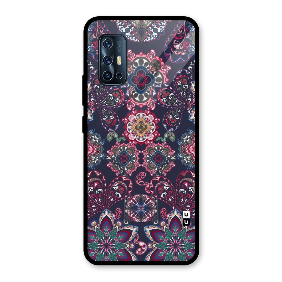 Navy Blue Bloom Pattern Glass Back Case for Vivo V17