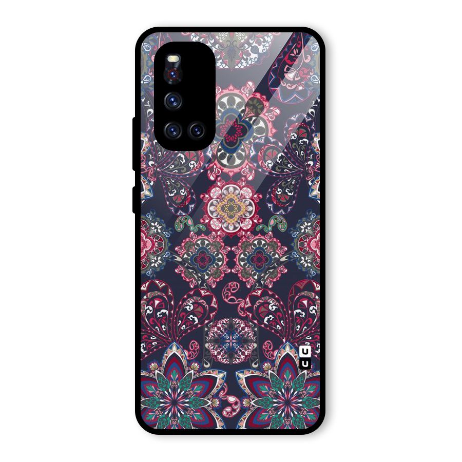Navy Blue Bloom Pattern Glass Back Case for Vivo V19
