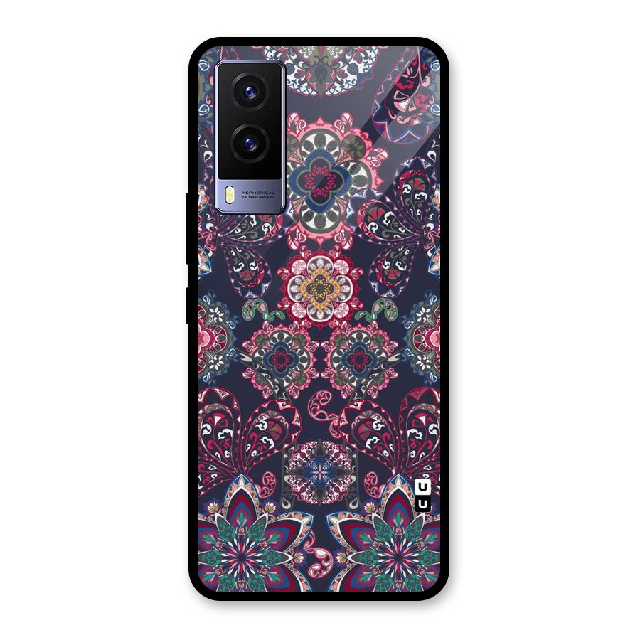 Navy Blue Bloom Pattern Glass Back Case for Vivo V21e 5G