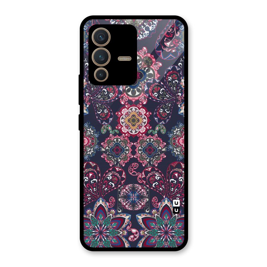 Navy Blue Bloom Pattern Glass Back Case for Vivo V23 5G