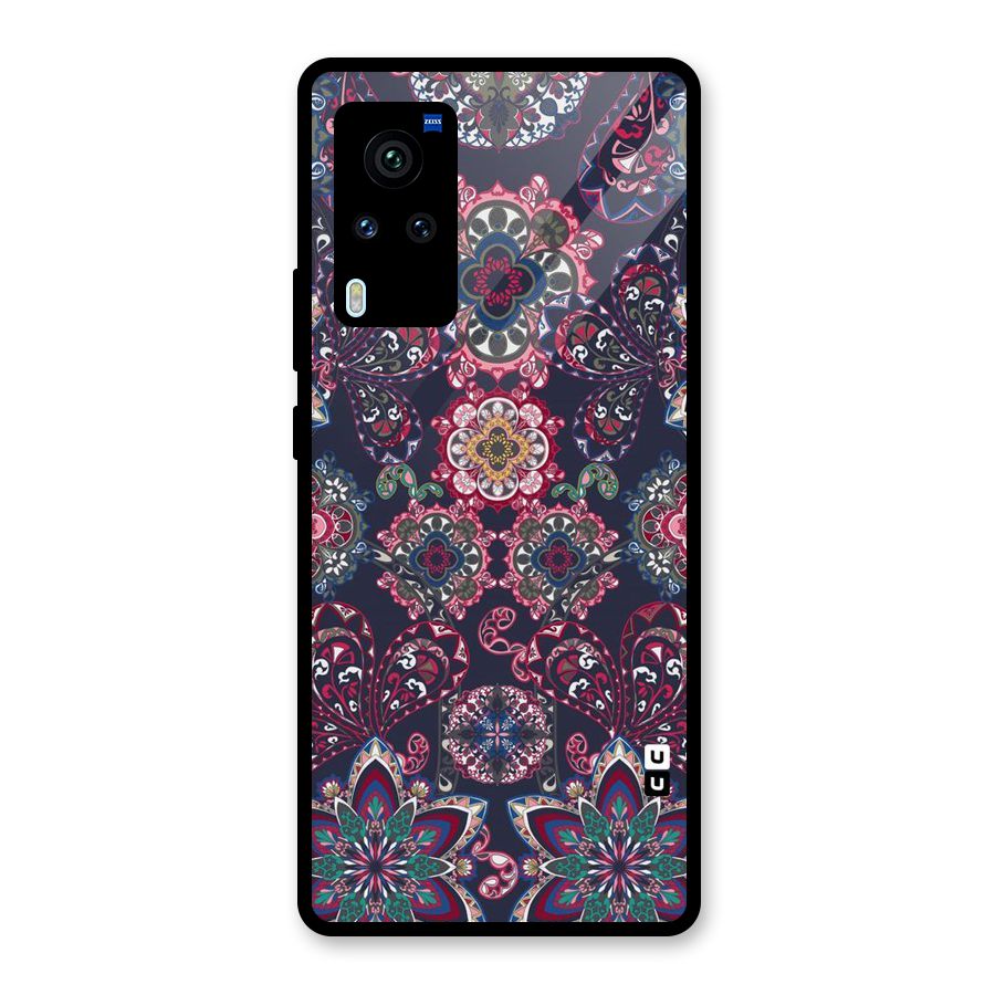 Navy Blue Bloom Pattern Glass Back Case for Vivo X60 Pro