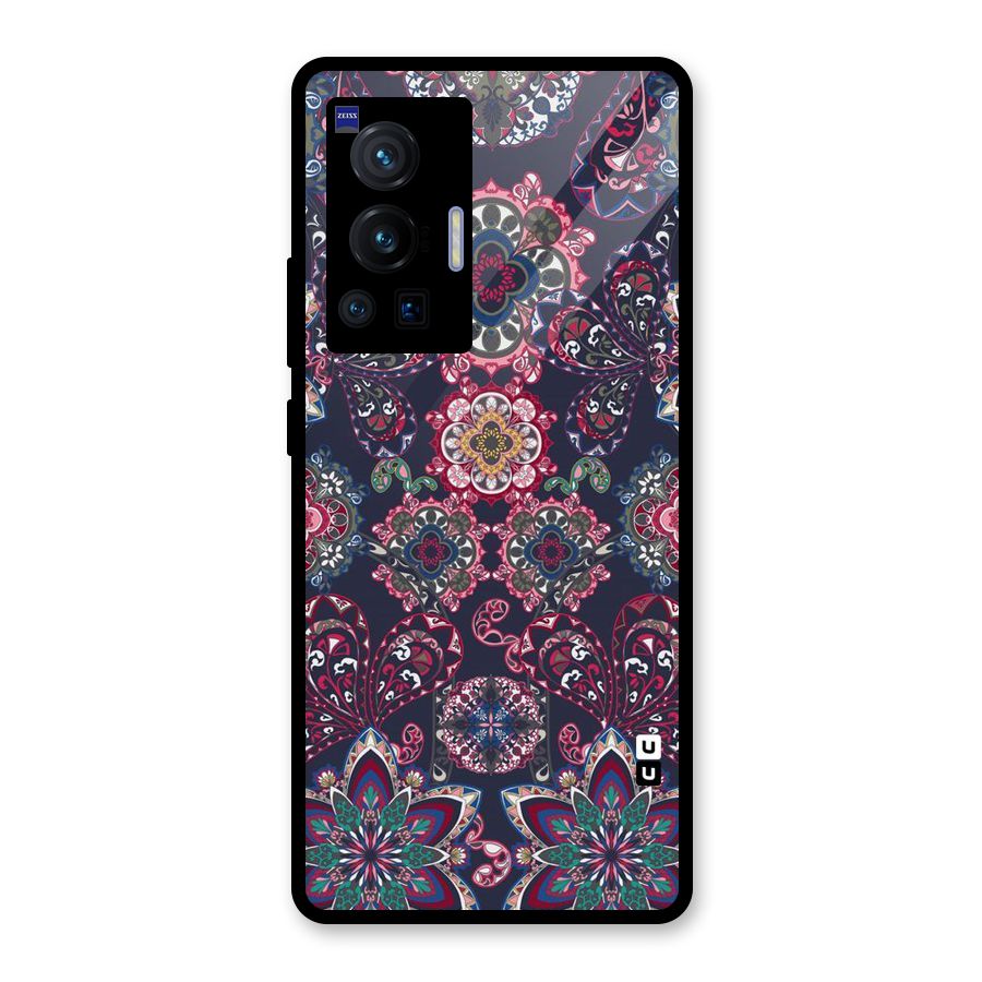 Navy Blue Bloom Pattern Glass Back Case for Vivo X70 Pro