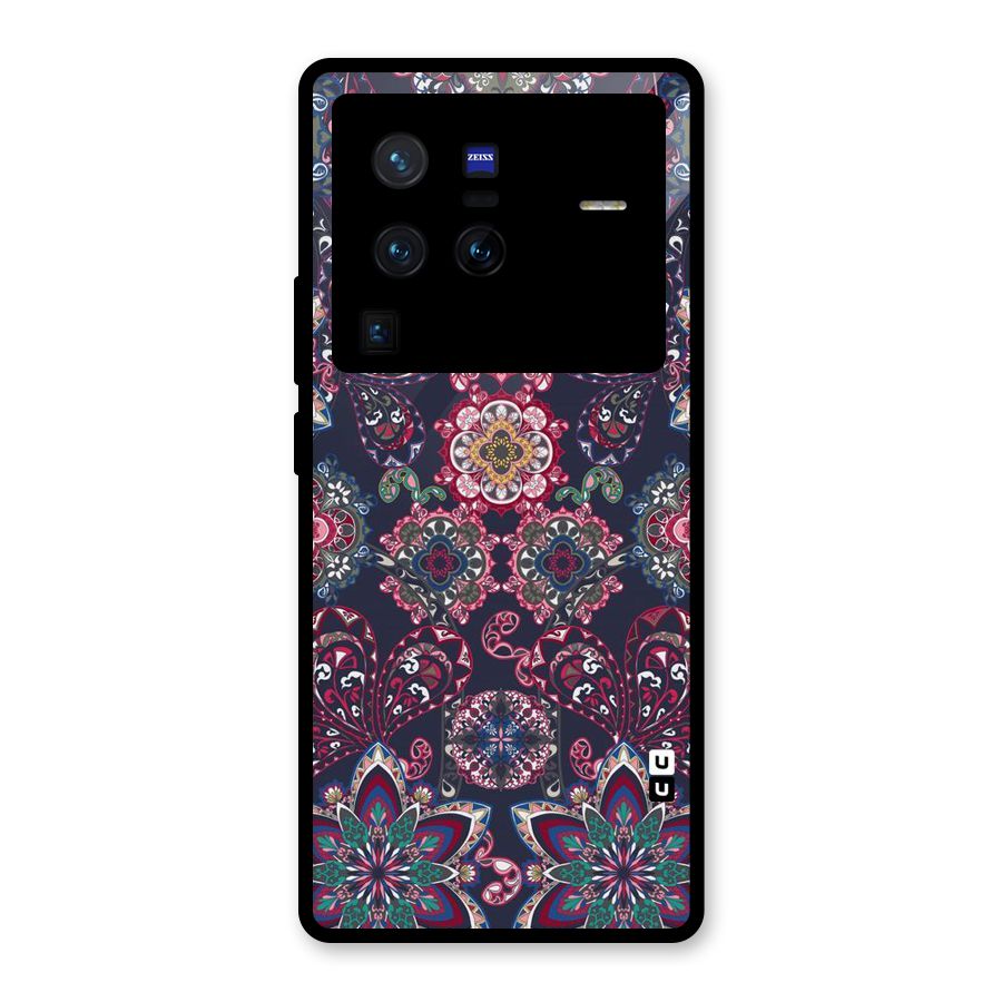 Navy Blue Bloom Pattern Glass Back Case for Vivo X80 Pro