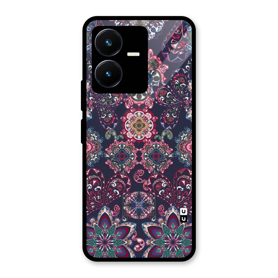 Navy Blue Bloom Pattern Glass Back Case for Vivo Y22