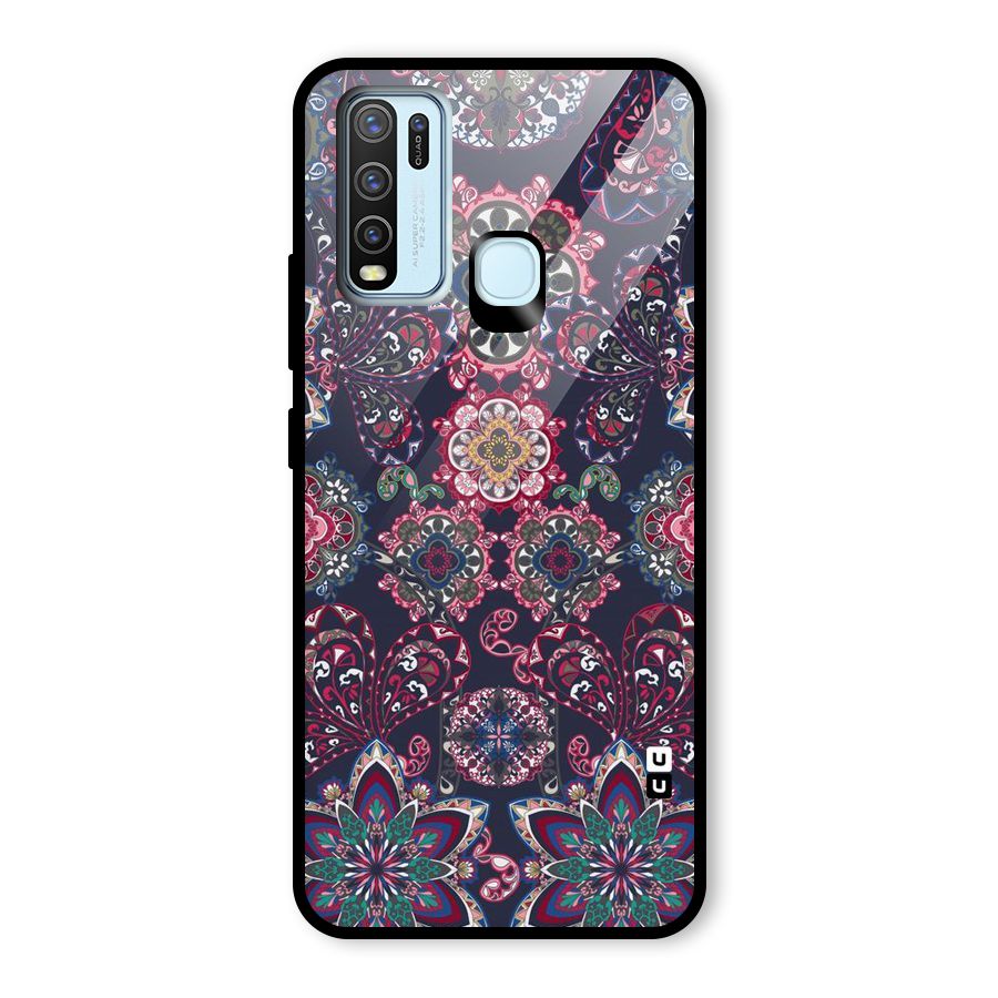 Navy Blue Bloom Pattern Glass Back Case for Vivo Y50