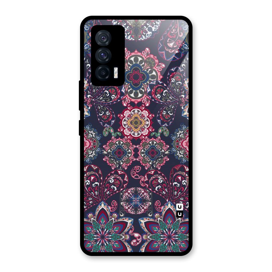 Navy Blue Bloom Pattern Glass Back Case for Vivo iQOO 7 5G