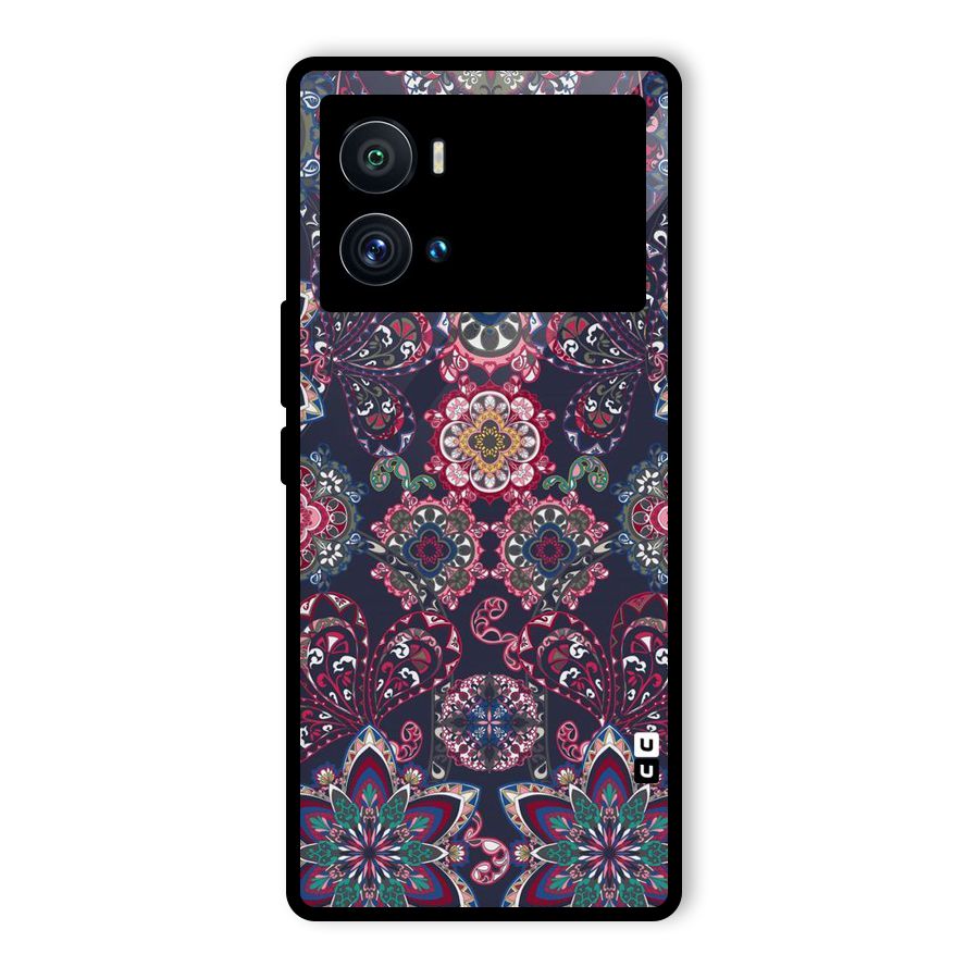 Navy Blue Bloom Pattern Glass Back Case for Vivo iQOO 9 Pro