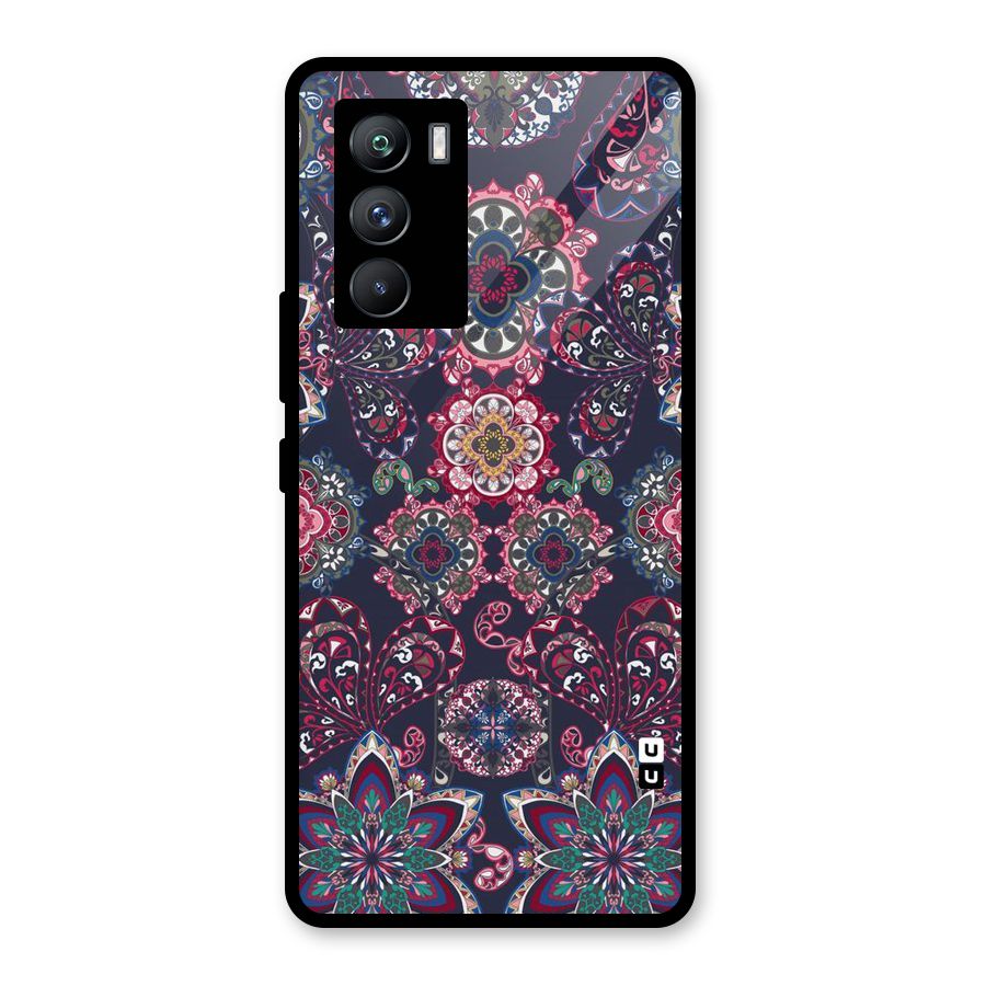 Navy Blue Bloom Pattern Glass Back Case for Vivo iQOO 9 SE
