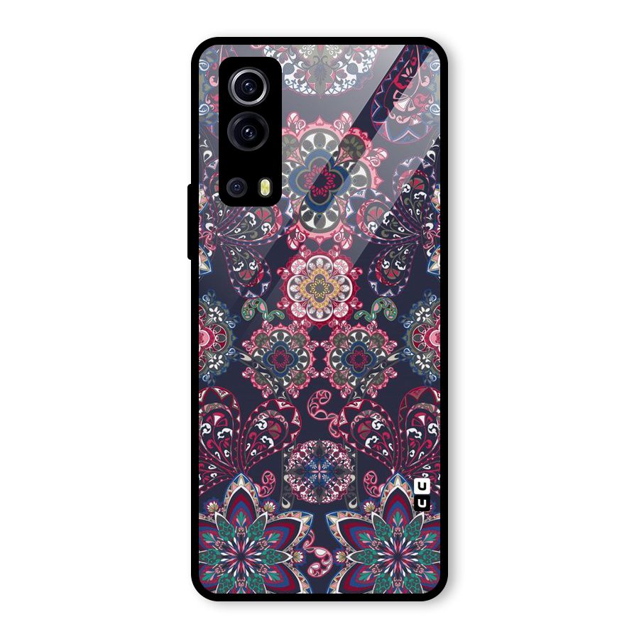 Navy Blue Bloom Pattern Glass Back Case for Vivo iQOO Z3