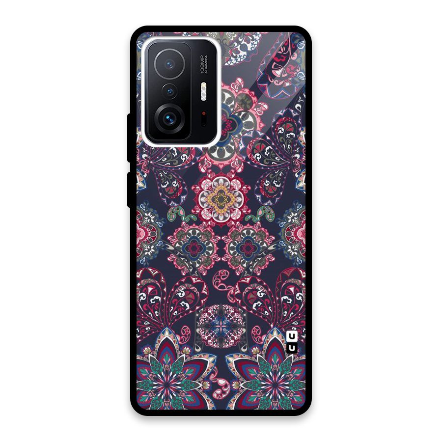Navy Blue Bloom Pattern Glass Back Case for Xiaomi 11T Pro