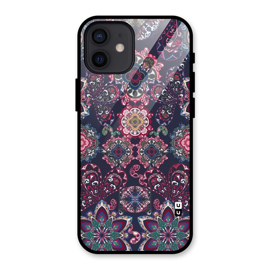 Navy Blue Bloom Pattern Glass Back Case for iPhone 12