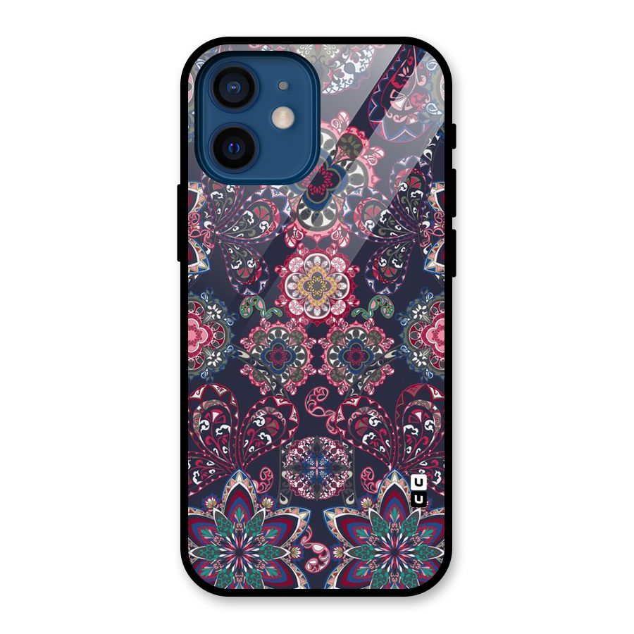 Navy Blue Bloom Pattern Glass Back Case for iPhone 12 Mini