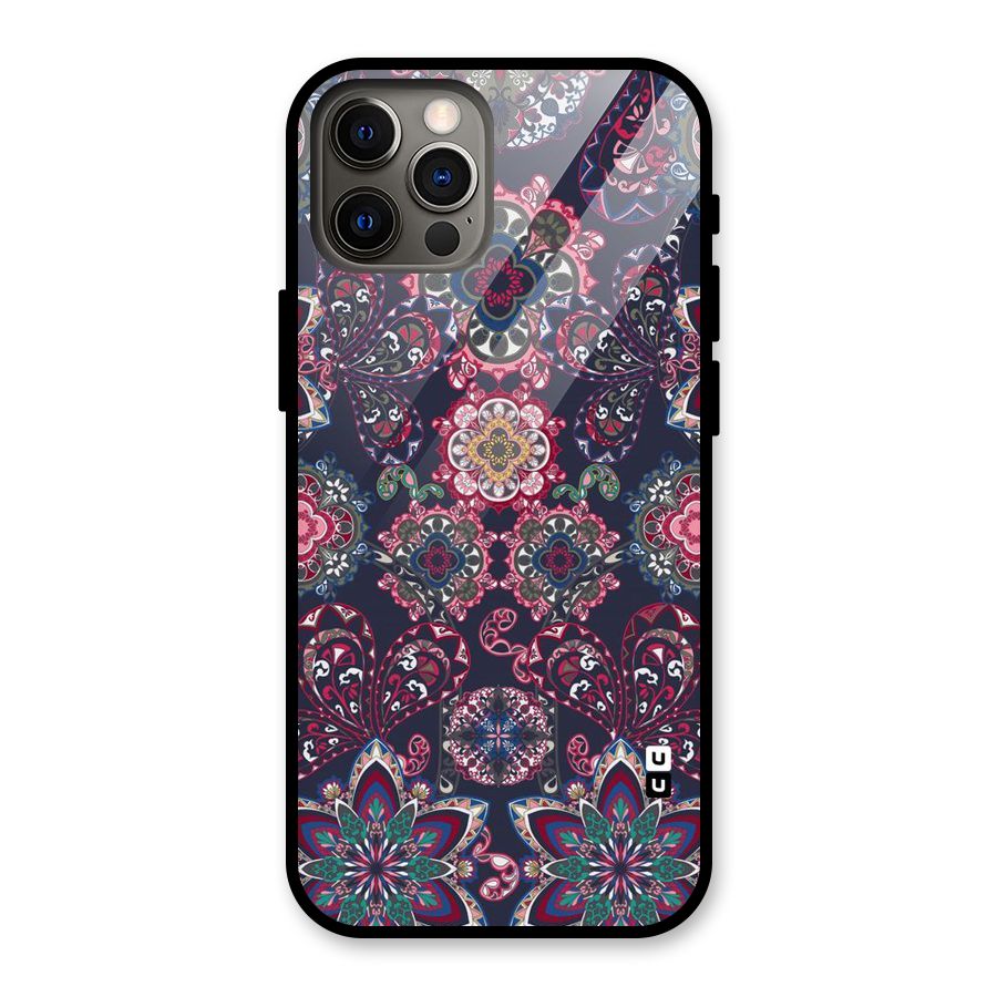 Navy Blue Bloom Pattern Glass Back Case for iPhone 12 Pro