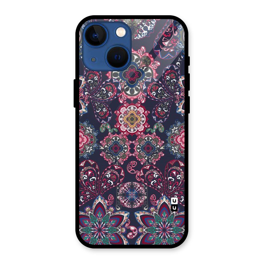 Navy Blue Bloom Pattern Glass Back Case for iPhone 13 Mini