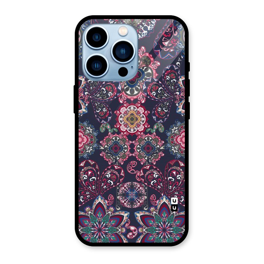 Navy Blue Bloom Pattern Glass Back Case for iPhone 13 Pro