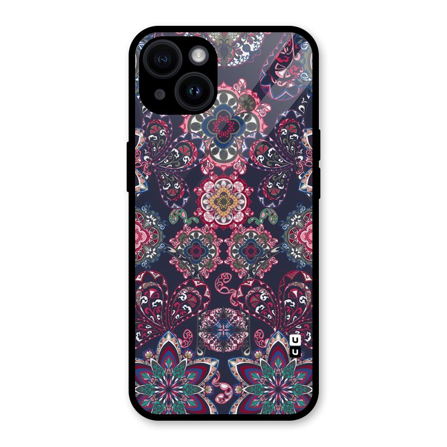 Navy Blue Bloom Pattern Glass Back Case for iPhone 14