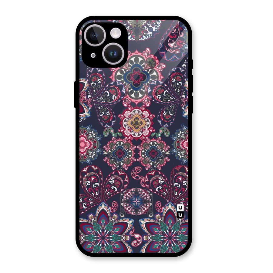 Navy Blue Bloom Pattern Glass Back Case for iPhone 14 Plus