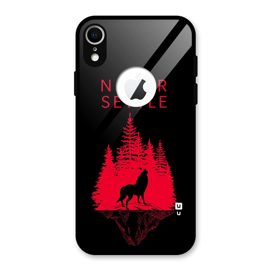 Never Settle Wolf Glass Back Case for iPhone XR Logo Cut
