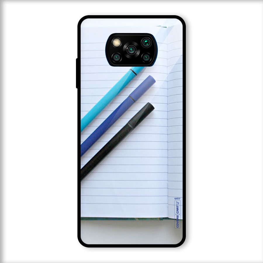 Notebook And Pens Glass Back Case for Poco X3