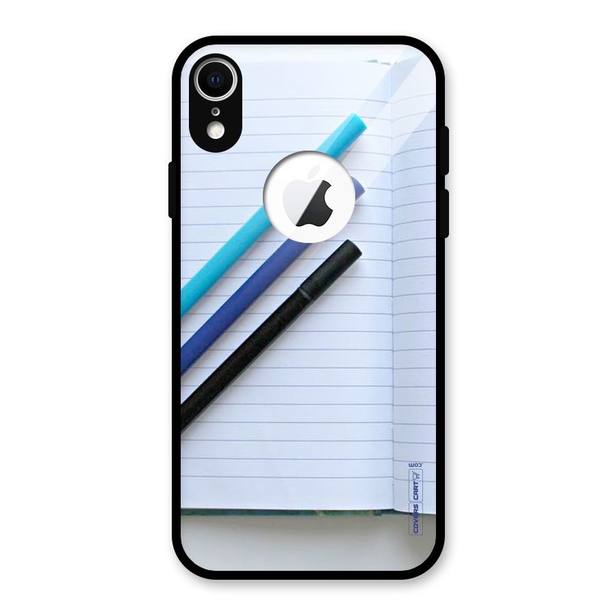 Notebook And Pens Glass Back Case for iPhone XR Logo Cut