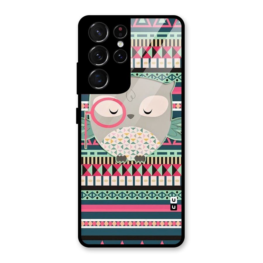 Owl Cute Pattern Glass Back Case for Galaxy S21 Ultra 5G
