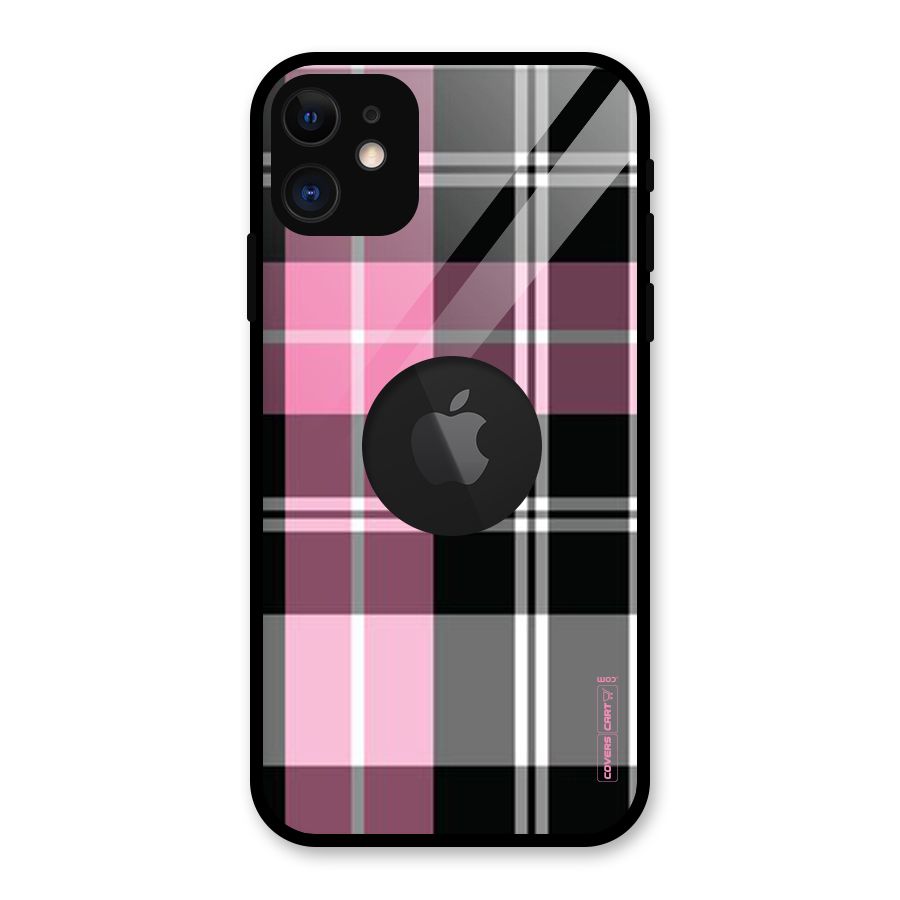 Pink Black Check Glass Back Case for iPhone 11 Logo Cut