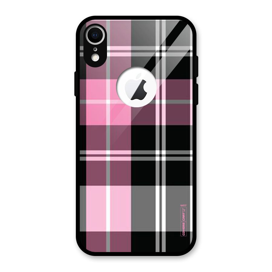 Pink Black Check Glass Back Case for iPhone XR Logo Cut