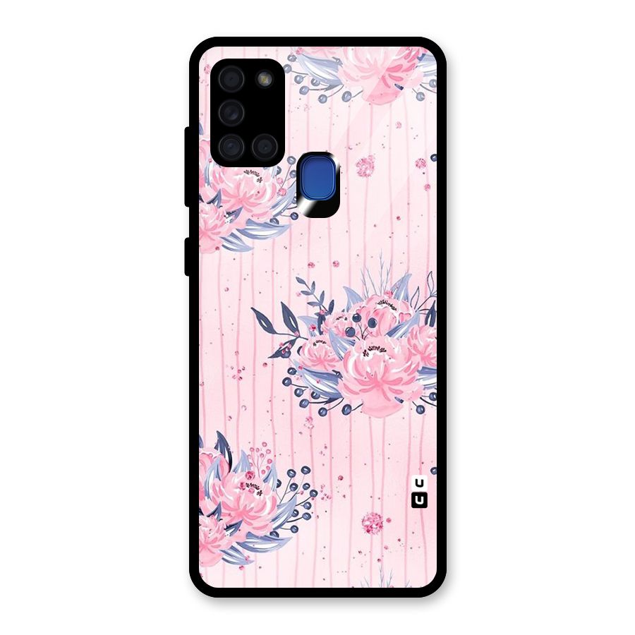 Pink Floral and Stripes Glass Back Case for Galaxy A21s