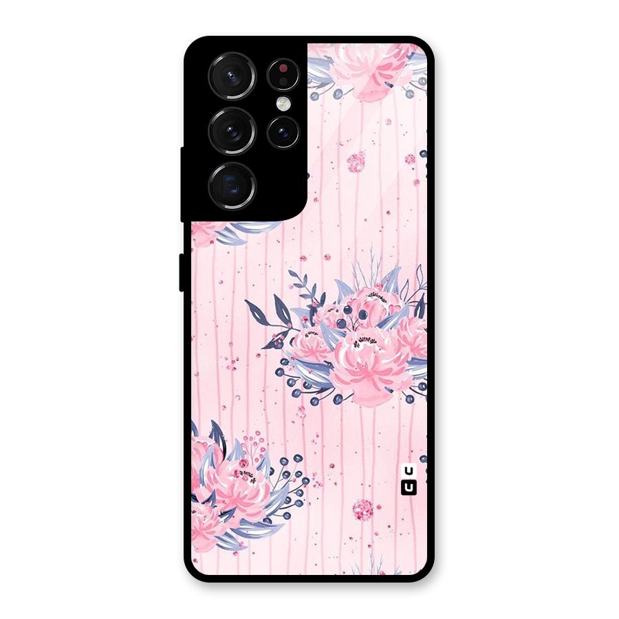 Pink Floral and Stripes Glass Back Case for Galaxy S21 Ultra 5G